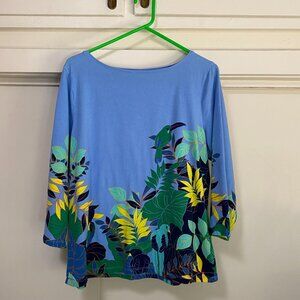 Talbots, "The Talbots Tee", 3/4 length sleeve, blue w/tropical scene, size XL